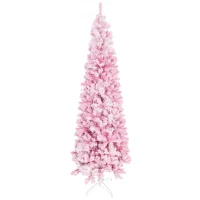 HOMCOM 7.5ft Tall Unlit Snow Flocked Artificial Christmas Tree Slim Pencil Xmas Tree with Pine Shape and Realistic Branches, Pink(m-11)