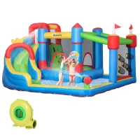 Outsunny 6-in-1 Inflatable Bounce House with Slide, Climbing Wall, Water Cannon, and More, Inflatable Water Slide for Kids with 2 Min. Inflation and Air Blower(m-1)
