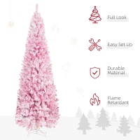 HOMCOM 7.5 FT Snow Flocked Artificial Christmas Tree, Pencil Xmas Tree with Realistic Branches, Auto Open and Steel Base, Pink(m-4)