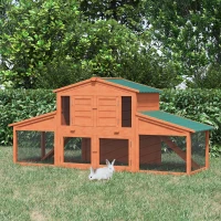 PawHut 89"L Outdoor Rabbit Hutch, Guinea Pig Cage Indoor Outdoor Wooden Bunny Hutch with Double Runs, Weatherproof Roof, Removable Tray, Ramps, Orange(m-2)