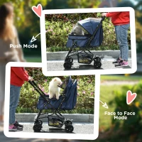 PawHut 4 Wheels Pet Stroller with Reversible Handle, Foldable Cat Dog Travel Carriage with EVA Wheel Brake, 3-stage Canopy, Mesh Window Door, Dark Blue(m-9)
