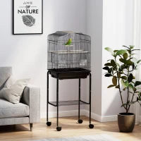PawHut 49" Rolling Bird Cage Cockatoo House Play Top Finch Pet Supply with Storage Shelf, Wheels - Black(m-1)