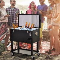 Outsunny 68QT Patio Cooler Ice Chest with Foosball Table Top, Portable Poolside Party Bar Cold Drink Rolling Cart on Wheels with Tray Shelf(m-10)