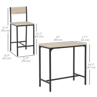 HOMCOM Industrial Bar Table Set Counter Height 3 Piece and 2 High Back Stools Set Dining Table Set for Small Space in the Dining Room(m-3)