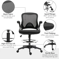Vinsetto Adjustable Drafting Chair Tall Office Stand-Up Chair with Flip-up Armrest and Foot Ring, 360° Swivel, Black(m-7)