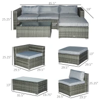 Outsunny 5-Piece Outdoor Sectional Furniture, Patio Sofa Set, PE Wicker Couch, Cushions, Pillows, Ottoman, Table, Light Gray(m-3)