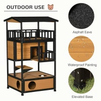 PawHut Wooden Outdoor Cat House, Feral Cat Shelter Kitten Condo with Asphalt Roof, Escape Doors, Condo, Jumping Platform, Yellow(m-6)