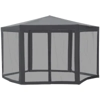 Outsunny Φ13' Hexagon Party Tent Patio Gazebo Outdoor Activity Event Canopy Quick Sun Shelter Pavilion with Netting Mesh Sidewall Dark Grey(m-2)