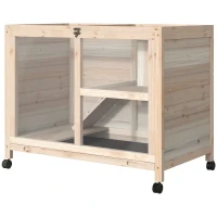 PawHut Rabbit Hutch with Wheels, Desk and Side Table Sized, Wooden Rabbit Cage, Waterproof Small Bunny Cage with Removable Tray, Openable Roof, for Rabbits, Chickens, Ducks, Indoor/Outdoor, Natural(m-11)