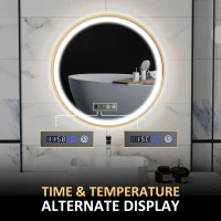 HOMCOM 28" Round Bathroom Mirror with LED Lights, Wall Mounted Vanity Mirror with Anti-Fog Pad, Time and Temp Display, Gold(m-6)