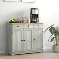 HOMCOM Kitchen Storage Cabinet, Sideboard Floor Cupboard with Solid Wood Top, Adjustable Shelf, and 3 Drawers, Light Gray(m-10)