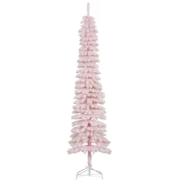HOMCOM 7ft Snow-Flocked Artificial Christmas Tree, Slim Pencil Xmas Tree with 490 Realistic Branches, Metal Base, Pink(m-2)