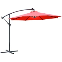Outsunny 10ft Cantilever Solar Hanging Offset Umbrella Outdoor LED Lights Aluminum Market Banana Parasol Crank w/ Cross Base Garden Sun Shelter Red(m-11)