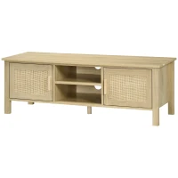 HOMCOM Boho TV Stand for 60 Inch Television, Entertainment Center with Rattan Door, Adjustable Shelf, and Storage Cabinets, Wood TV Console Cabinet for Living Room, Bedroom, Natural Wood(m-11)