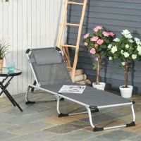 Outsunny Folding Lounge Chair, Patio Lounger with Headrest, 5-Level Adjustable Backrest, and Aluminum Frame, Grey(m-8)