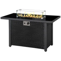 Outsunny Propane Fire Pit Table 43in Outdoor Fire Table, 50,000 BTU Pulse-Ignition Wicker Firepit Furniture with Glass Wind Guard, Blue Glass Rock, CSA Certification, Black(m-11)