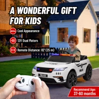 Qaba 12V Kids Electric Police Car w/ Remote Control, Spring Suspension, Transport Wheel, Siren, Music, Light, Horn, White(m-9)
