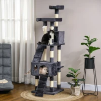 PawHut 68-inch Multi-Level Cat Scratching Tree Kitty Activity Center Post Tower Condo Pet Furniture w/ Toy Charcoal Grey(m-9)