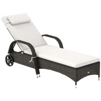 Outsunny Outdoor Chaise Lounge, 5-Level Adjustable Backrest Rattan Pool Lounge Chair with Wheels, Cushion & Headrest, Cream(m-11)