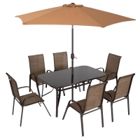 Outsunny 8 Pieces Patio Furniture Set with 9Ft Patio Umbrella, Outdoor Dining Table and Chairs, Light Mixed Brown