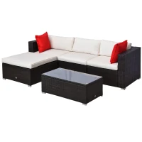 Outsunny 5-Piece Patio Furniture Set with Cushions, Outdoor PE Rattan Wicker Sofa Set, Sectional Furniture with Pillows, Glass Coffee Table for Garden, Backyard, Brown/Cream White(m-11)