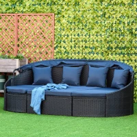 Outsunny 4 Pieces Patio PE Wicker Round Daybed, Outdoor Rattan Garden Lounge Furniture Sets, Dark Blue(m-7)