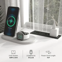 HOMCOM Set of 2 Side Tables with Charging Stations and LED Lights, End Tables with Drawer and Shelves for Living Room, White(m-4)