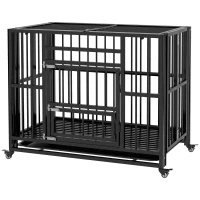 PawHut 37" Heavy Duty Dog Crate, Foldable Dog Cage on Wheels with Double Locks, Removable Tray, Openable Top, Double Doors, Indoor Outdoor Use, for Small and Medium Dogs - Black(m-2)
