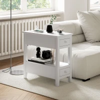 HOMCOM Narrow Side Table with Charging Station, USB Ports, Modern End Table with Storage Shelf, Drawers for Living Room, White(m-8)
