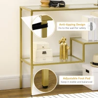 HOMCOM Gold Console Table, 39" Tempered Glass Behind Sofa Table, Narrow Entryway Table with Storage Shelves, Steel Frame for Living Room Furniture, Hallway Furniture, Glass Table(m-6)