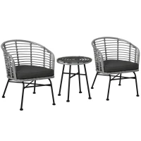 Outsunny 3 Piece Patio Bistro Set, PE Rattan with Cushioned Barrel Chairs & Glass Coffee Table, Conversation Set, Mixed Gray(m-11)