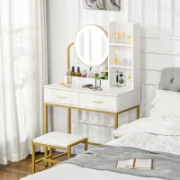 HOMCOM Makeup Vanity Table Set with  Stool, LED Lights, Drawers, Shelves, Dressing Table for Bedroom, White(m-8)