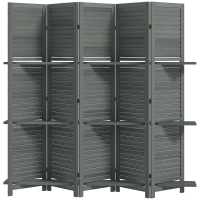 HOMCOM 5 Panel 67" Tall Wood Privacy Screen Room Divider with 3 Shelves and Folding Storage for Bedroom, Gray