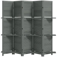 HOMCOM 5 Panel 67" Tall Wood Privacy Screen Room Divider with 3 Shelves and Folding Storage for Bedroom, Gray(m-1)