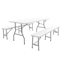 Outsunny Folding Picnic Table with 2 Benches, 3-Piece Portable Outdoor Picnic Table Bench Set for 6, Patio Dining Table Set with Plastic Top, Steel Frame for Garden, White(m-11)