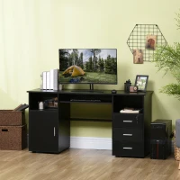 HOMCOM 57" Computer Desk with Drawers, Home Office Desk with Keyboard Tray, Open Shelves and Lockable Drawer, Writing Workstation for Study, Black(m-8)