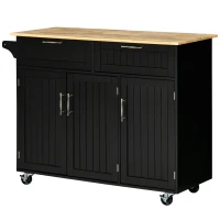 HOMCOM Mobile Kitchen Island with Storage, Kitchen Cart with Wood Top, Storage Drawers, 3-door Cabinets, Adjustable Shelves and Towel Rack, Black(m-11)