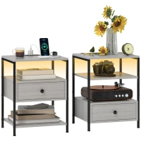 HOMCOM Set of 2 Side Tables with Charging Stations and LED Lights, End Tables with Drawer and Shelves for Living Room, Gray(m-11)