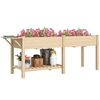 Outsunny Raised Garden Bed, Wood Planter Box with Side Table, Bottom Shelf, Bed Liners and Drainage Holes, Natural(m-11)