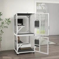 PawHut Wooden Catio with Waterproof Roof, Large Cat House with High-Up Resting Box, Indoor & Outdoor Cat Enclosure with Wheels, for 1-3 Cats, White(m-10)