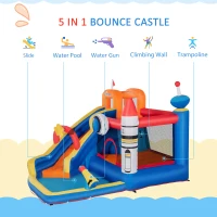 Outsunny 5-in-1 Water Slide Kids Inflatable Bounce House Space Theme Water Park Includes Slide Trampoline Pool Cannon Climbing Wall with Carry Bag, Repair Patches without Air Blower(m-4)