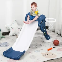 Qaba kids Slide for Indoor and Outdoor, Toddler Freestanding Slide Climber Toy for 18-48 Months Basketball Hoop, Ball and Inflator, Blue(m-2)