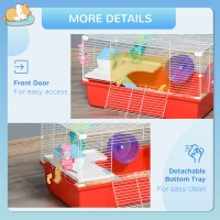 PawHut Large Hamster Cage with Tubes and Tunnels, 2-Level Steel Rat Cage, Small Animal House, Includes Exercise Wheel, Hut, Water Bottle, Food Dish, 23" x 14" x 14", Red(m-7)