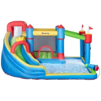 Outsunny 6-in-1 Inflatable Bounce House with Slide, Climbing Wall, Water Cannon, and More, Inflatable Water Slide for Kids with 2 Min. Inflation(m-11)