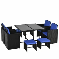 Outsunny 9 Pieces Wicker Patio Dining Set Outdoor Furniture Set with Removable Cushions, Glass Top Dining Table, Ottomans, PE Rattan Conversation Set for Garden Poolside, Blue(m-14)