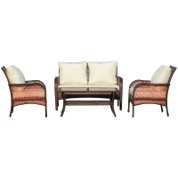Outsunny 4-Piece Outdoor Wicker Sofa Set, Outdoor PE Rattan Conversation Furniture with 4 Chairs & Table, Water-Fighting Material, White(m-11)