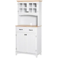 HOMCOM Coastal Style Kitchen Buffet and Hutch Wooden Storage Cabinet with Framed Glass Door  Drawers Microwave Space for Dining Room  Living Room  White(m-11)