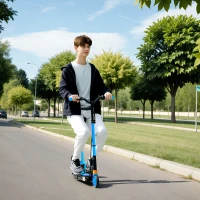 Soozier Foldable Electric Scooter for Kids Ages 6-14, with Seat and 2 Adjustable Heights, Max 6km Range & 12km/h, Blue(m-1)