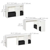 HOMCOM Convertible L-Shaped Computer Desk, Corner Table wth 3 Fabric Storage Boxes, Retractable Home Office Desk, White(m-3)