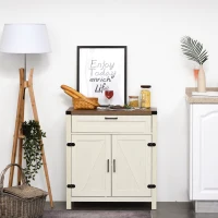 HOMCOM Modern Farmhouse Sideboard with Storage, Buffet Cabinet with 2 Barn Doors and Drawer for Dining Room, Distressed White(m-10)